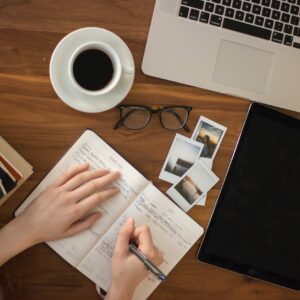 birds eye view of a busy desk